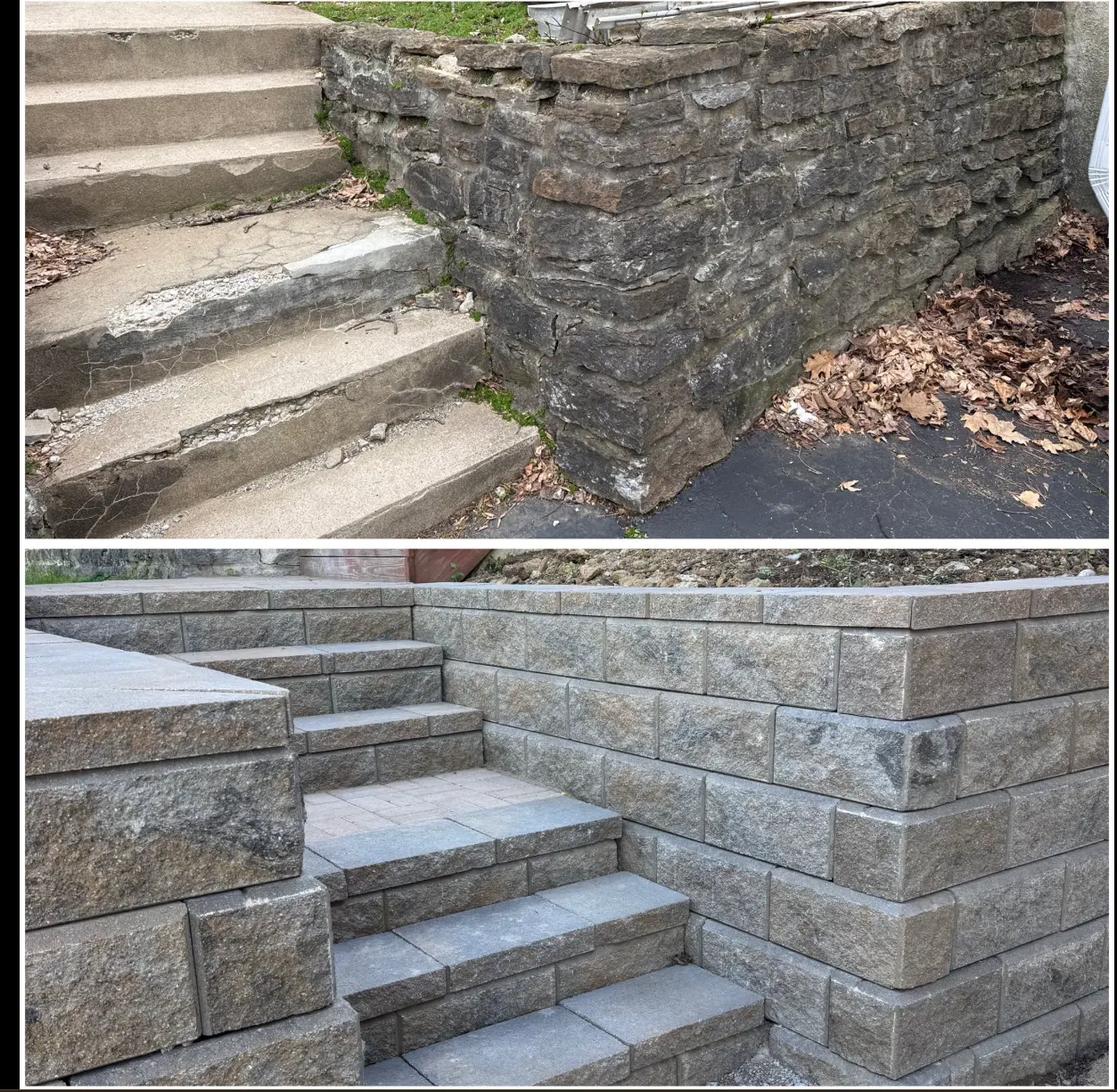 Retaining wall before and after installation